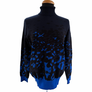 Ted Baker Nulina Black Blue Gray Sweater Rubbed Roll Neck Leopard Design EUC